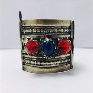 Single Red and Blue Glass Stone Cuff Bracelet, Nomadic Bracelet, Vintage Cuff
